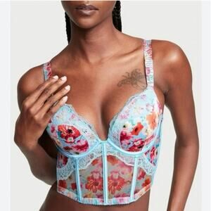Victoria’s Secret 38D Very Sexy Blue Orange Poppy Shine Strap Corset Bra Bustier